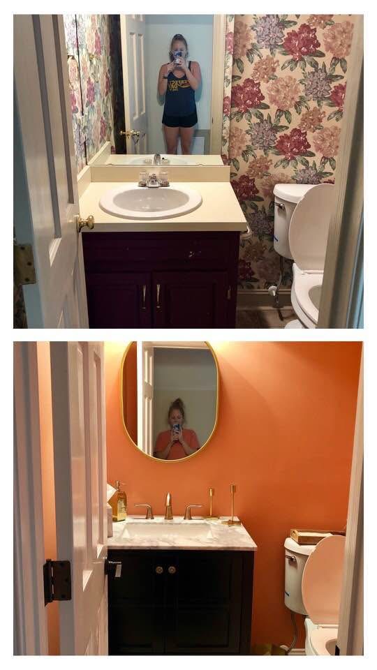 Before and after view of powder room update by BuildPRO