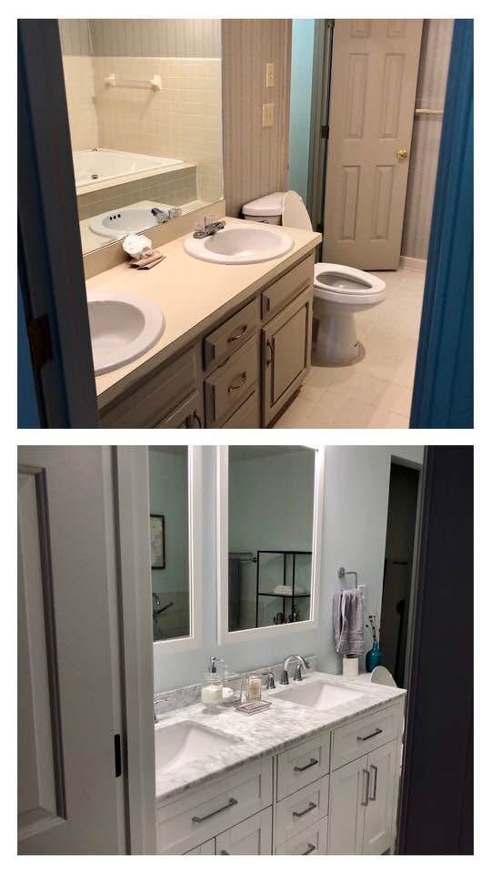 Before and after view of double-vanity bathroom remodel by BuildPRO